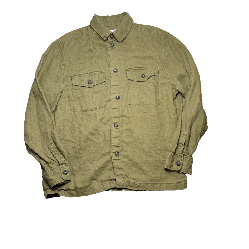 H&M Linen Shirt Jacket Mens L Olive Green Button Long Sleeve Chore Casual